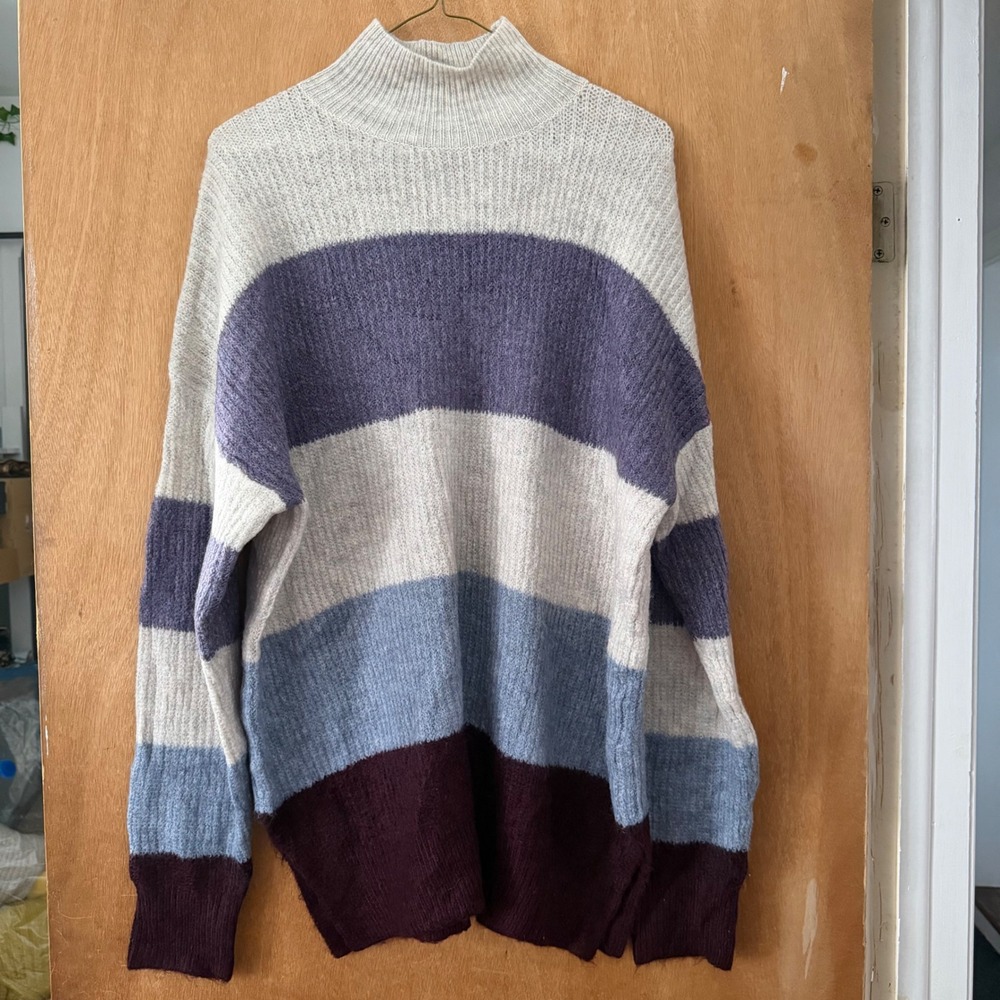 New Look Mock Neck Striped Oversized Knit Sweater Purple Lavender Burgundy M